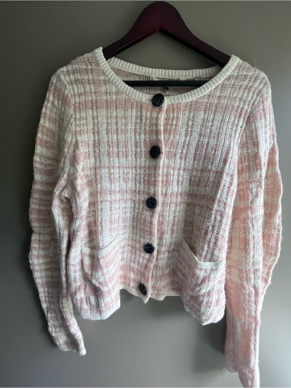 Pink & White Knit Button-Front Women’s Sweater Cardigan